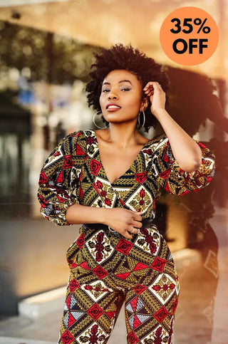 ODETTE AFRICAN PRINT POWER SLEEVE OFF SHOULDER JUMPSUIT