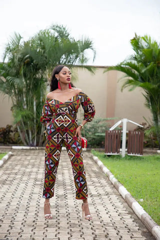 ODETTE AFRICAN PRINT POWER SLEEVE OFF SHOULDER JUMPSUIT
