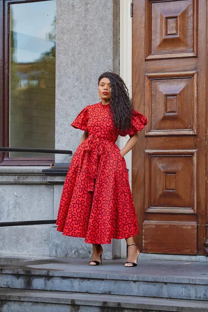 red printed dress Isabel Black Red Floral Satin Maxi Dress