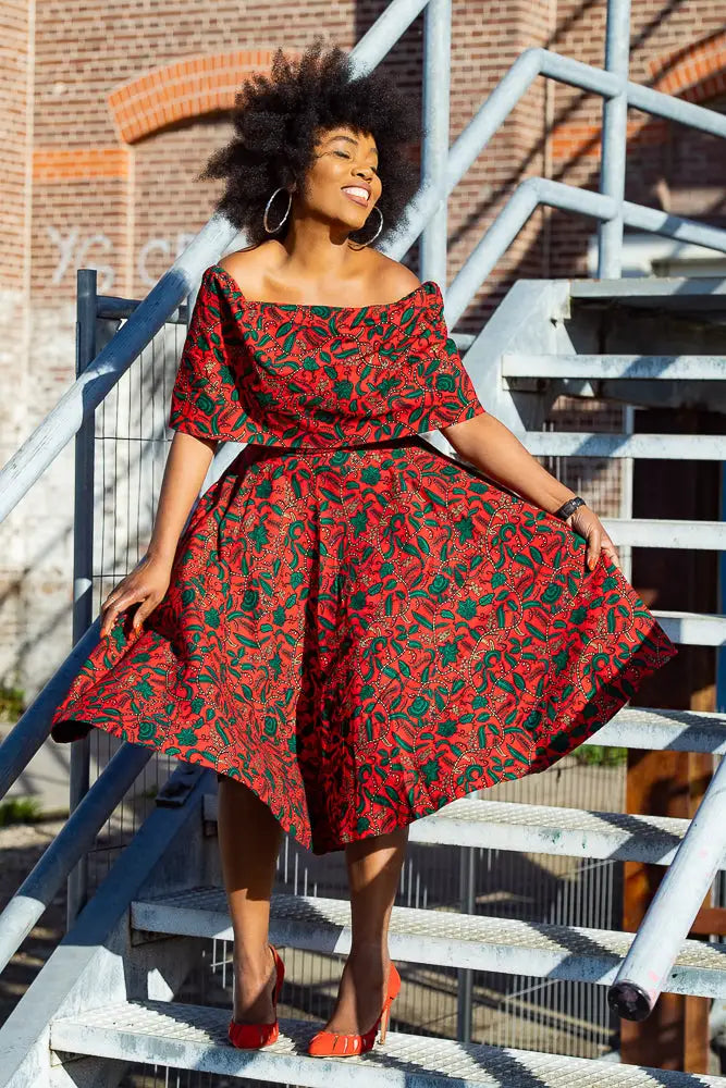 african print off the shoulder dress Oyin Midi African Print Cape Dress