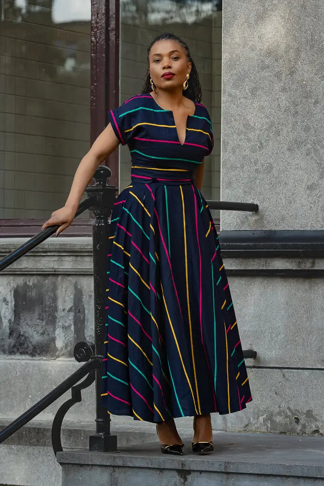 Pre Order - Peju Blue Black with Stripes dress 2XL Pre Order - Peju Blue Black with Stripes dress 2XL