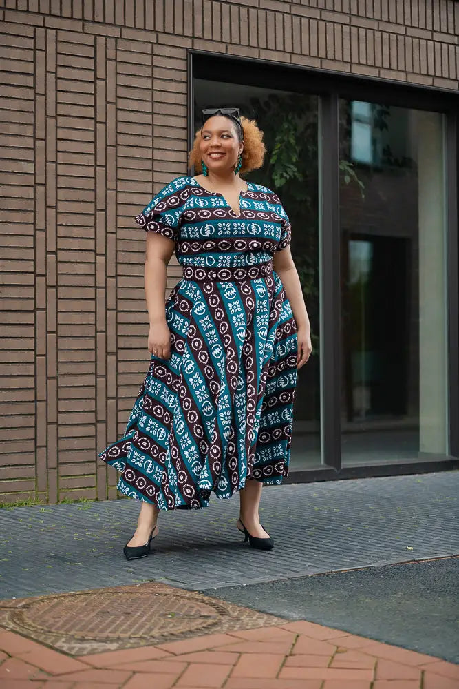 blue tribal dress Tribal Ruffle-Sleeve Notch Neck Shift Dress