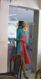 Kora Teal and Pink Geometric Ankara Print Dress