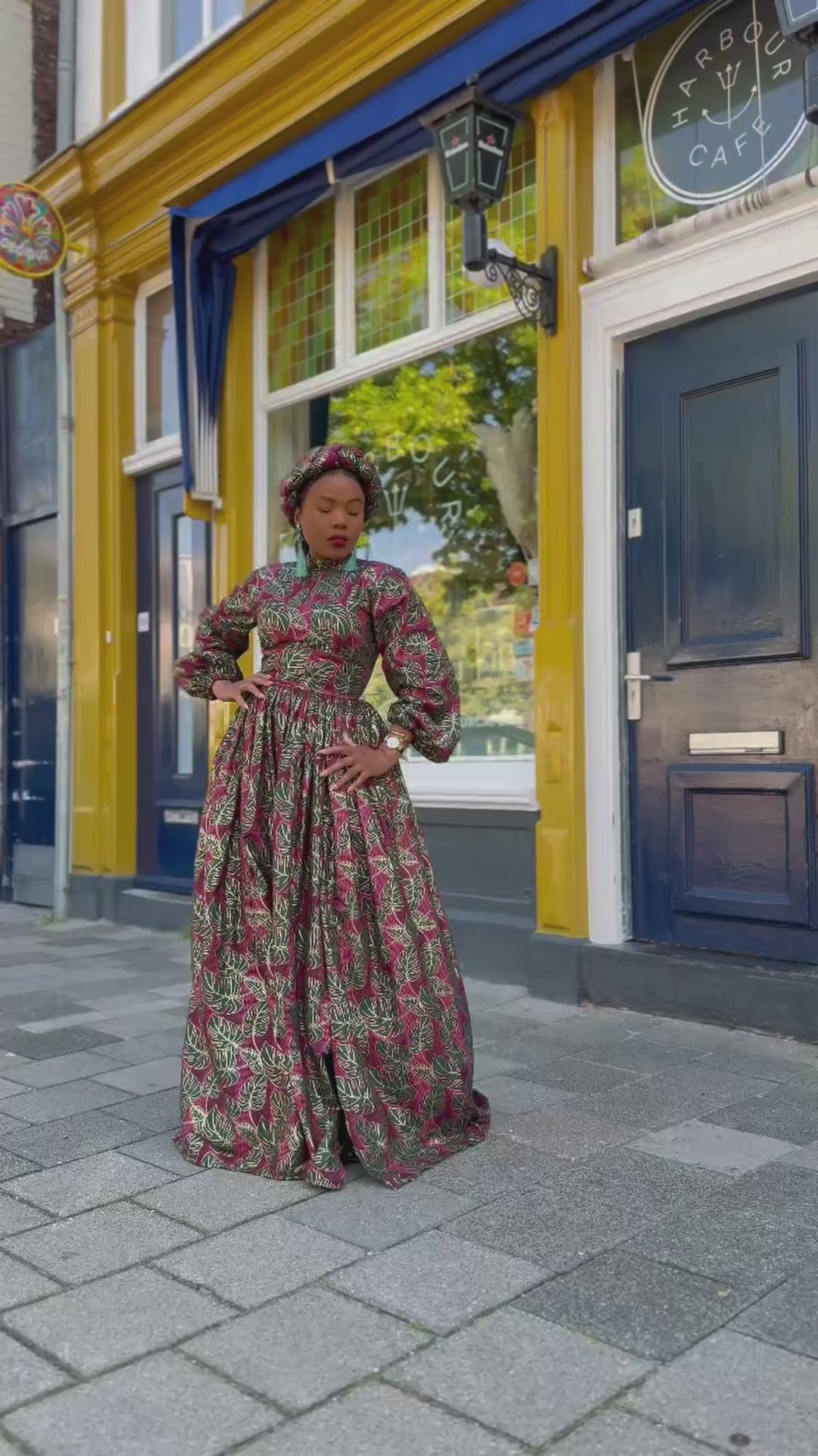 Malkia Burgundy and Green African Print  Maxi Dress
