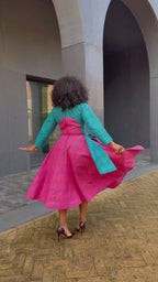 Kora Teal and Pink Geometric Ankara Print Dress