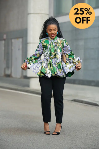 RHONDA GREEN AND GOLD PEPLUM TOP Shirts & Tops