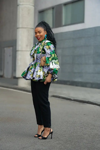 RHONDA GREEN AND GOLD PEPLUM TOP Shirts & Tops