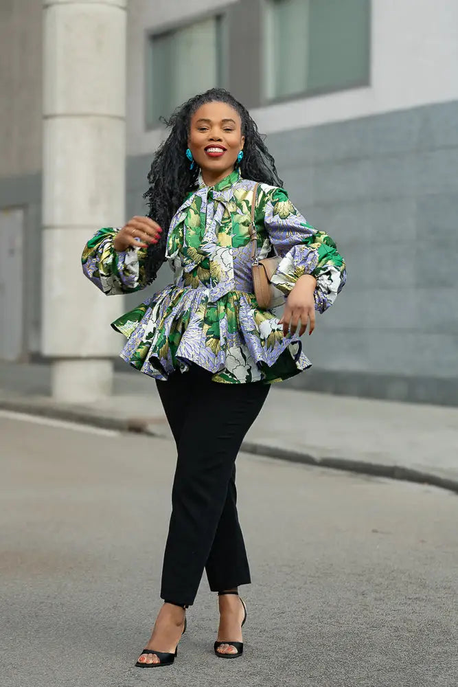 RHONDA GREEN AND GOLD PEPLUM TOP Shirts & Tops