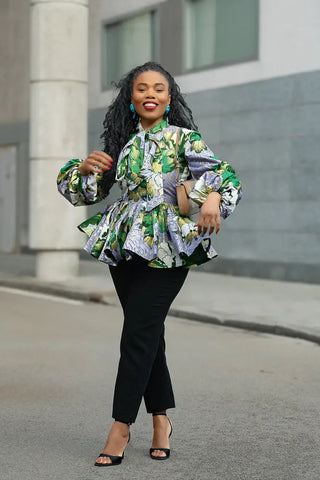 RHONDA GREEN AND GOLD PEPLUM TOP Shirts & Tops