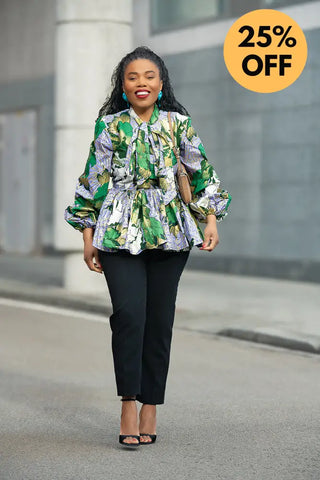 RHONDA GREEN AND GOLD PEPLUM TOP Shirts & Tops