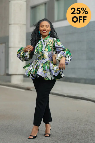 RHONDA GREEN AND GOLD PEPLUM TOP Shirts & Tops