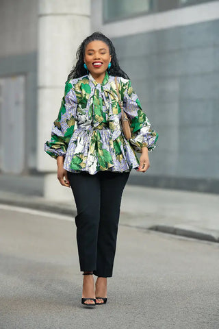 RHONDA GREEN AND GOLD PEPLUM TOP Shirts & Tops