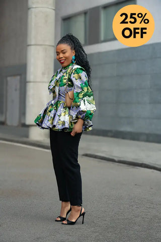 RHONDA GREEN AND GOLD PEPLUM TOP Shirts & Tops