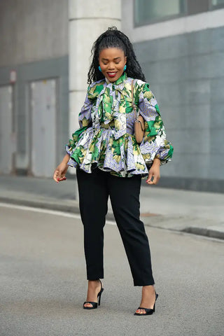 RHONDA GREEN AND GOLD PEPLUM TOP Shirts & Tops