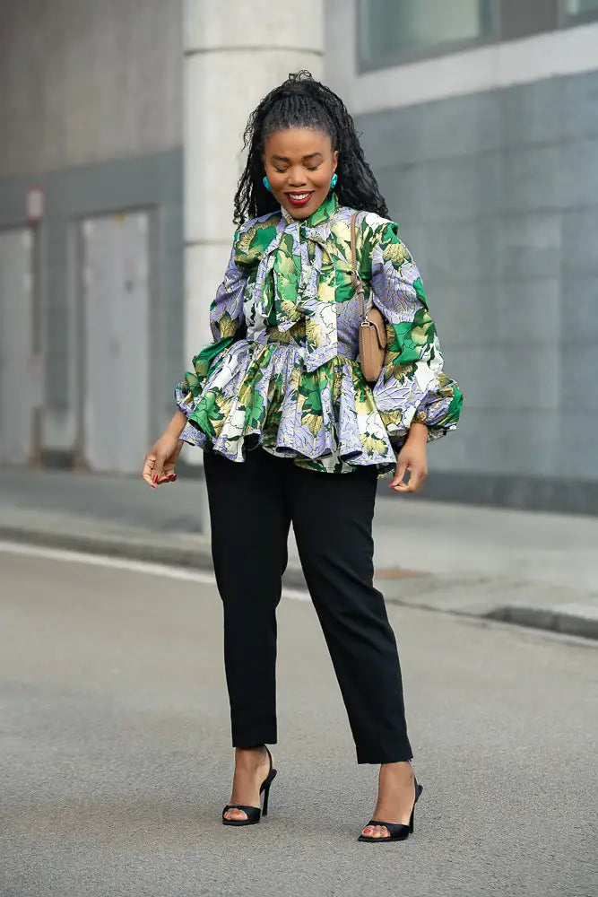 RHONDA GREEN AND GOLD PEPLUM TOP Shirts & Tops