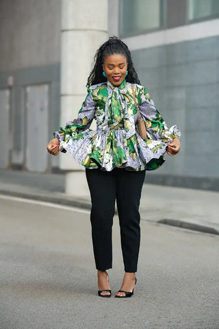 RHONDA GREEN AND GOLD PEPLUM TOP Shirts & Tops