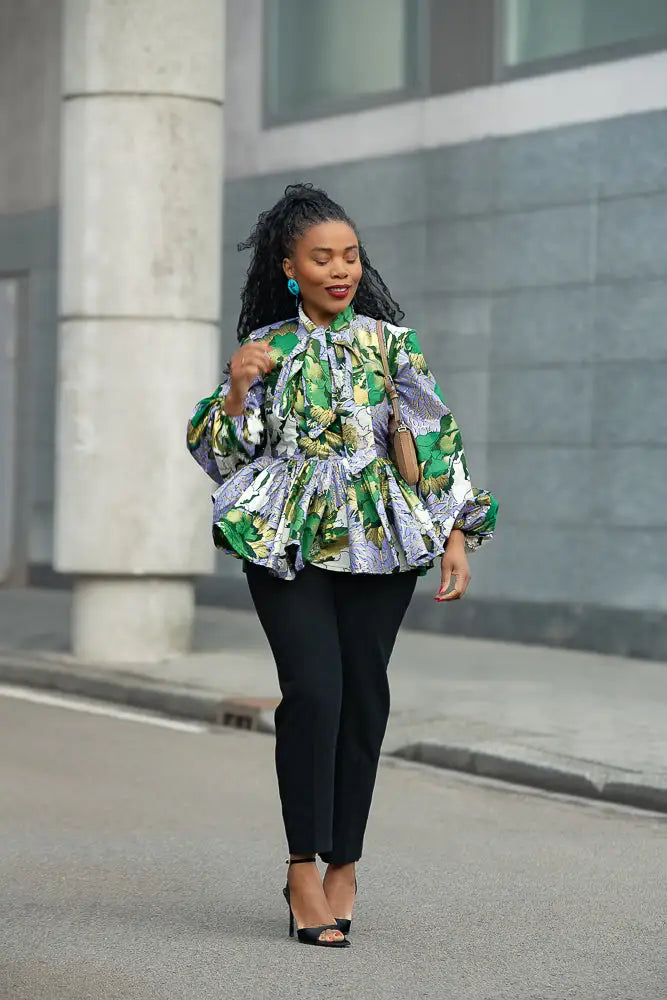 RHONDA GREEN AND GOLD PEPLUM TOP Shirts & Tops