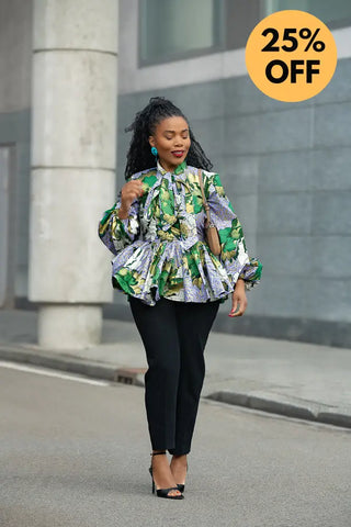 RHONDA GREEN AND GOLD PEPLUM TOP Shirts & Tops