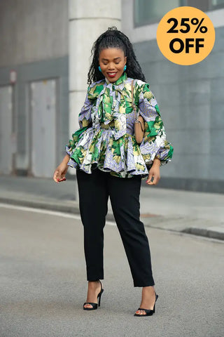 RHONDA GREEN AND GOLD PEPLUM TOP Shirts & Tops