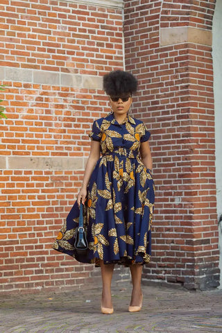 Thandiwe Navy Blue And Brown Midi Dress Dresses