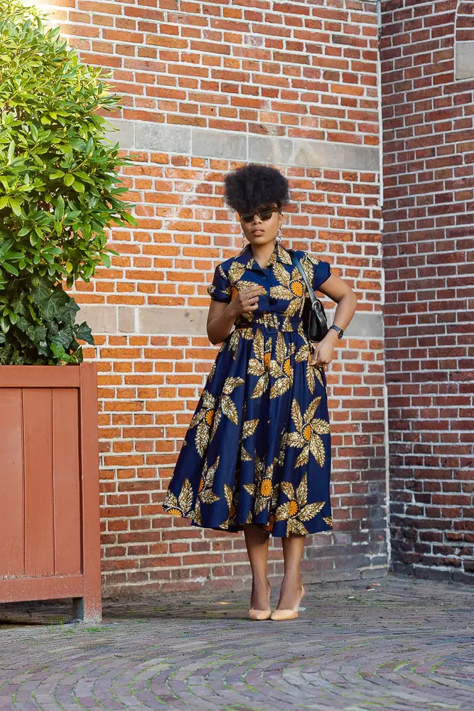Thandiwe Navy Blue and Brown African Print Dress