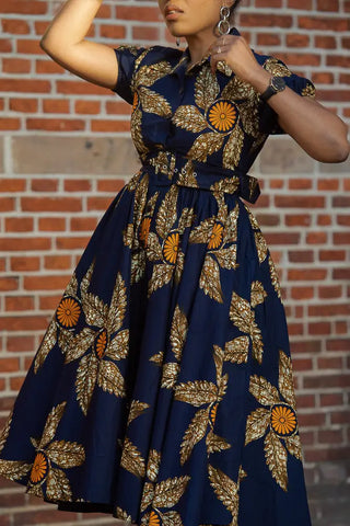 Thandiwe Navy Blue And Brown Midi Dress Dresses