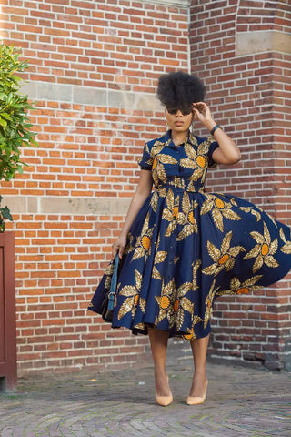 Thandiwe Navy Blue And Brown Midi Dress Dresses