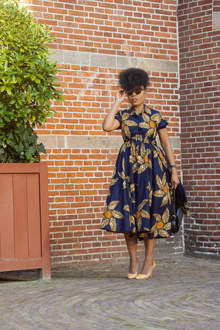 Thandiwe Navy Blue And Brown Midi Dress Dresses