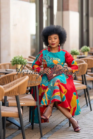 ZANELE BLUE AND RED MIDI DRESS Women’s Dress