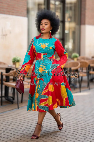 ZANELE BLUE AND RED MIDI DRESS Women’s Dress