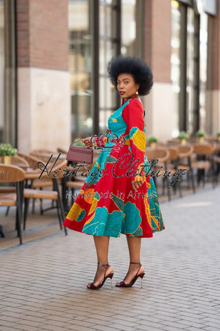 ZANELE BLUE AND RED MIDI DRESS Women’s Dress