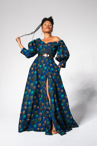 ANAN GREEN AND BLUE OFF-SHOULDER MAXI DRESS