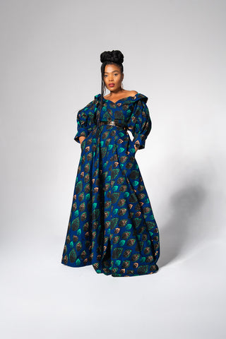 ANAN GREEN AND BLUE OFF-SHOULDER MAXI DRESS