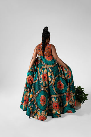 ABEBA GREEN FLARE MAXI DRESS