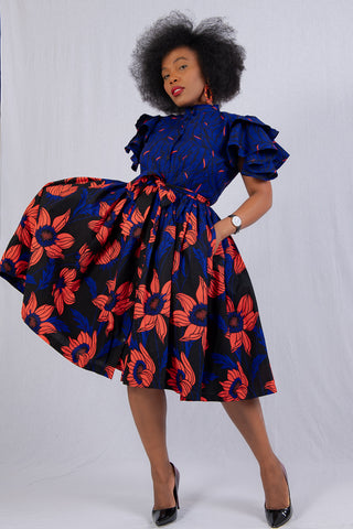 LANRE BLUE HIGH NECK ANKARA DRESS