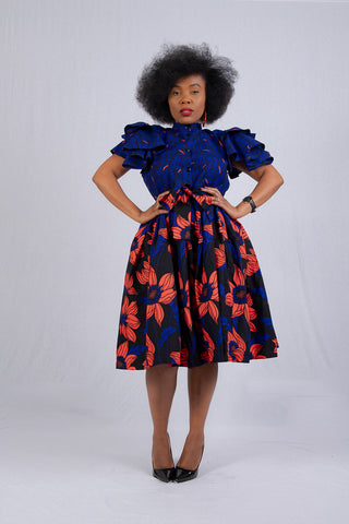 LANRE BLUE HIGH NECK ANKARA DRESS