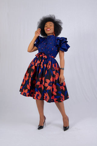 LANRE BLUE HIGH NECK ANKARA DRESS