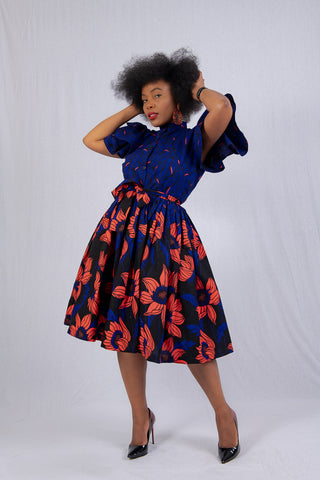 LANRE BLUE HIGH NECK ANKARA DRESS