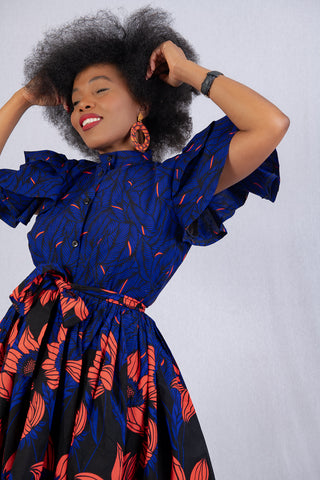 LANRE BLUE HIGH NECK ANKARA DRESS