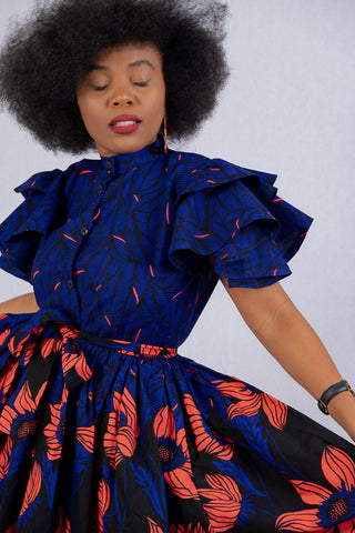 LANRE BLUE HIGH NECK ANKARA DRESS