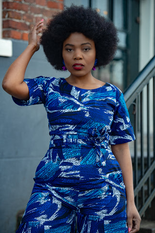 CHARO BLUE AFRICAN PRINT JUMPSUIT