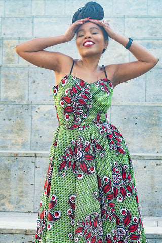 LYDIA RED AND GREEN SPAGHETTI STRAP DRESS