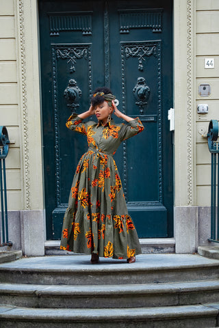 NYLAH KHAKI GREEN AND ORANGE MAXI DRESS