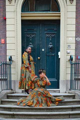 NYLAH KHAKI GREEN AND ORANGE MAXI DRESS