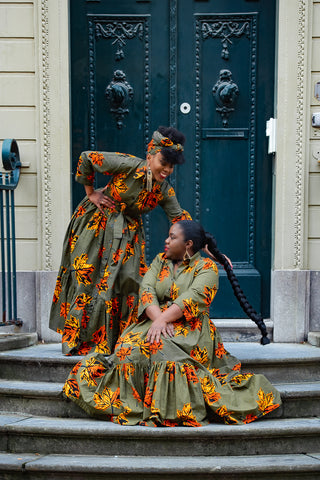 NYLAH KHAKI GREEN AND ORANGE MAXI DRESS