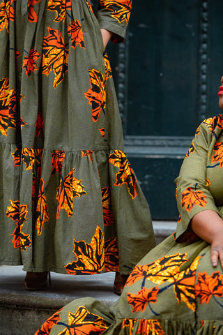 NYLAH KHAKI GREEN AND ORANGE MAXI DRESS