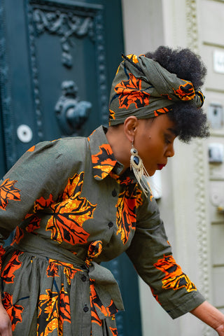 NYLAH KHAKI GREEN AND ORANGE MAXI DRESS