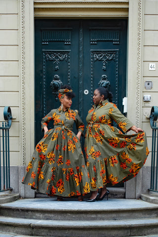NYLAH KHAKI GREEN AND ORANGE MAXI DRESS