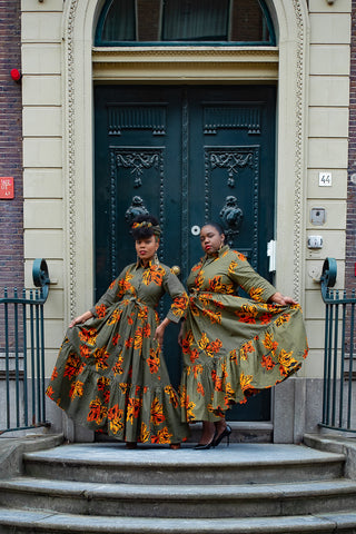 NYLAH KHAKI GREEN AND ORANGE MAXI DRESS