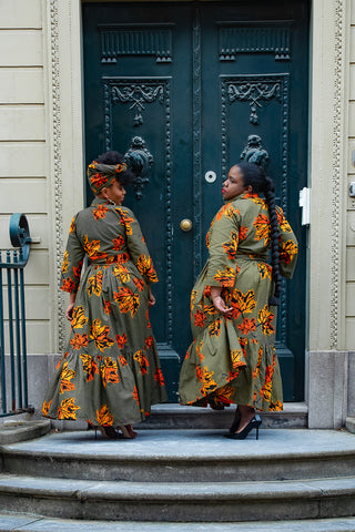 NYLAH KHAKI GREEN AND ORANGE MAXI DRESS